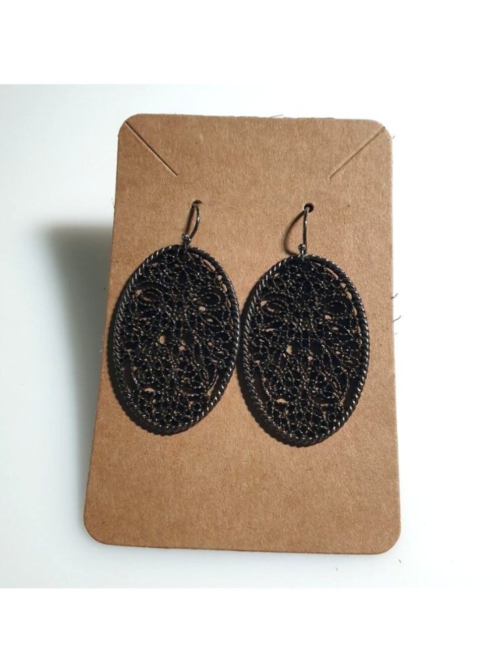 Oval Brown Filigree Drop Earrings Lightweight Hook Boho Style Beach Island Gift